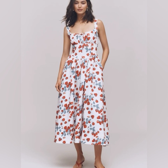 NEW Reformation Balia Midi Linen Dress in Strawberry Jam White Red | US 2 - Picture 1 of 14